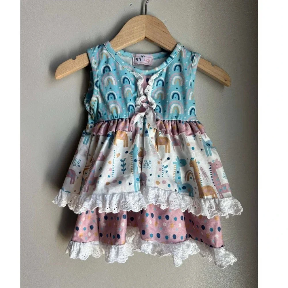Pete Lucy Rainbow Giraffe Tiered Baby Dress Eyelet Lace 0-6M Scandi Baby Ballet